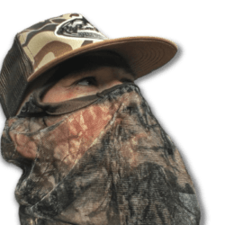 Image of a man's face showing the Hunters Specialities Face Mask and a hunting cap.